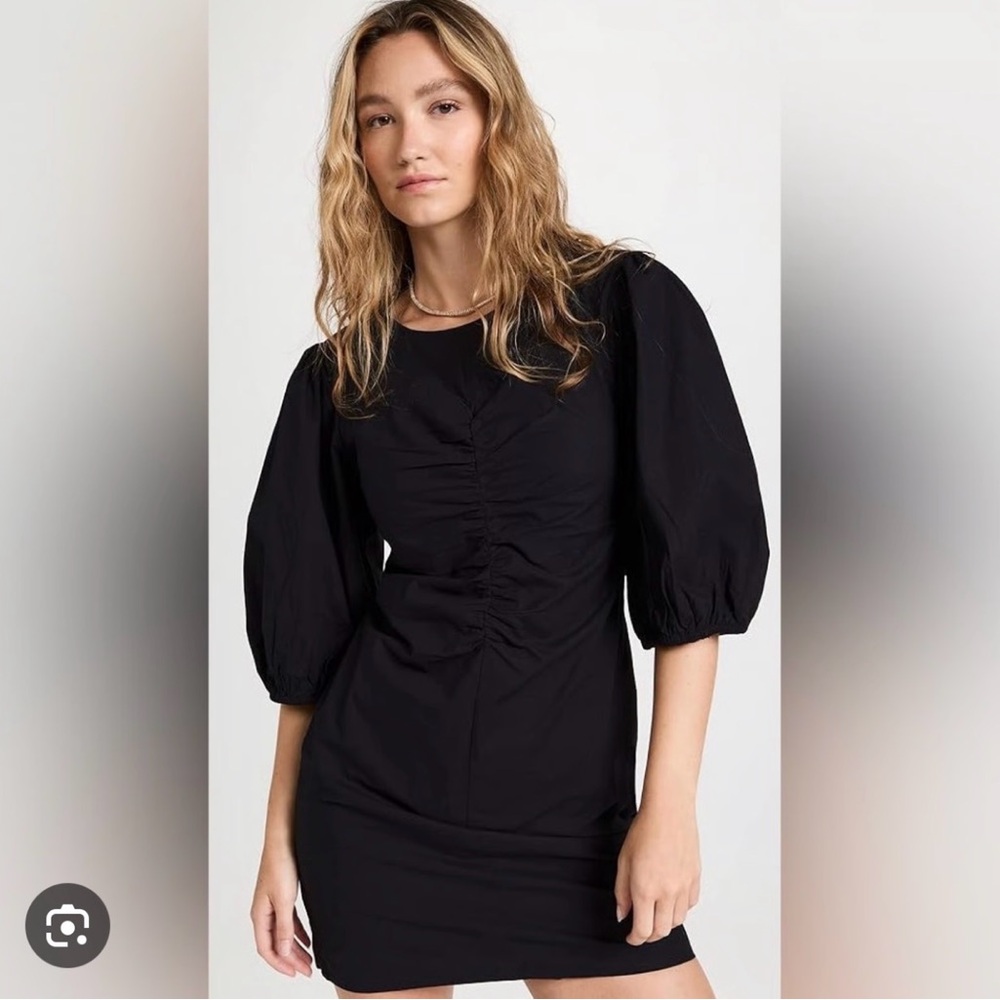 Free People Black Ruched Mini Dress XS Puff Sleeve 🖤 lightweight